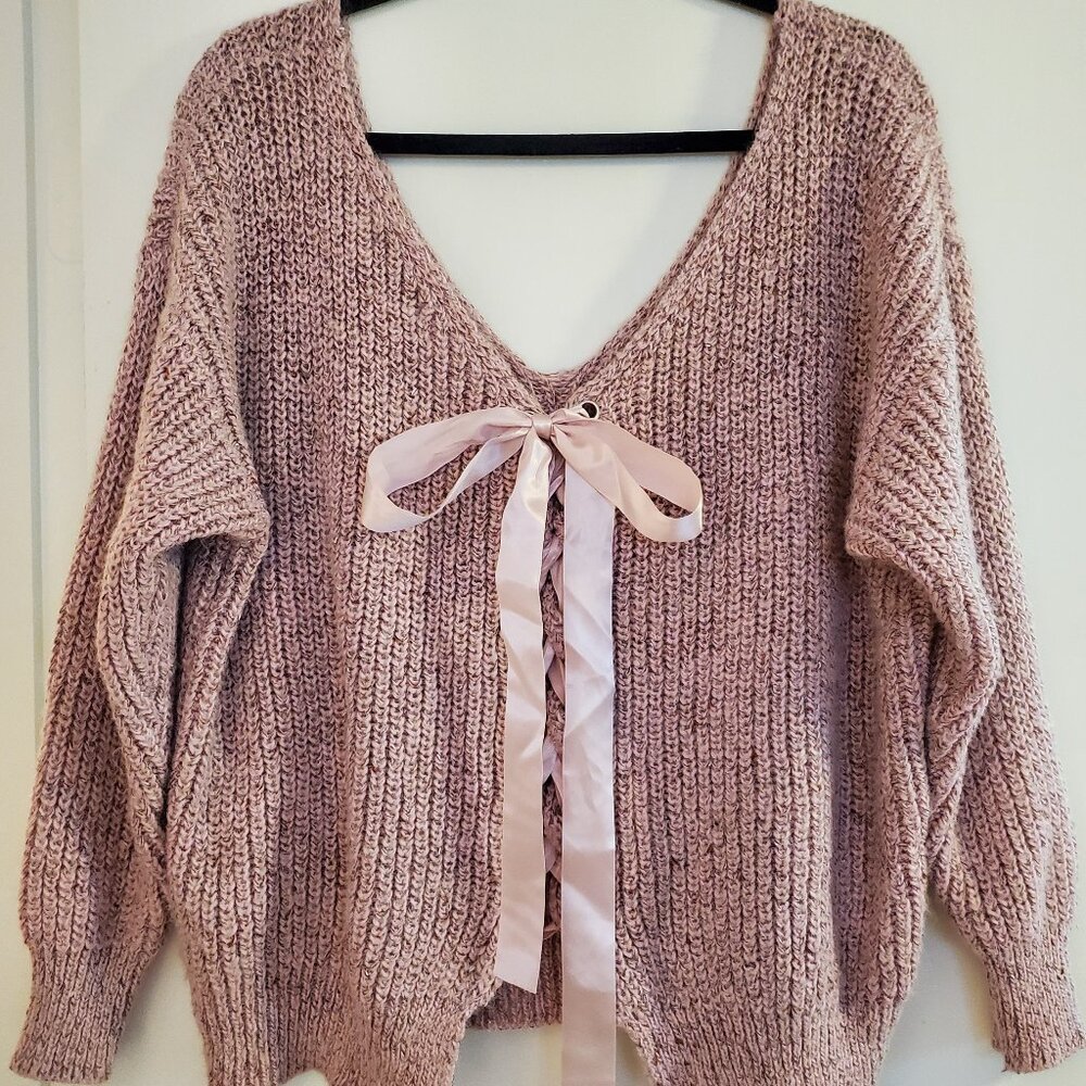 Pink, knitted sweater, ribbon lace up, XL